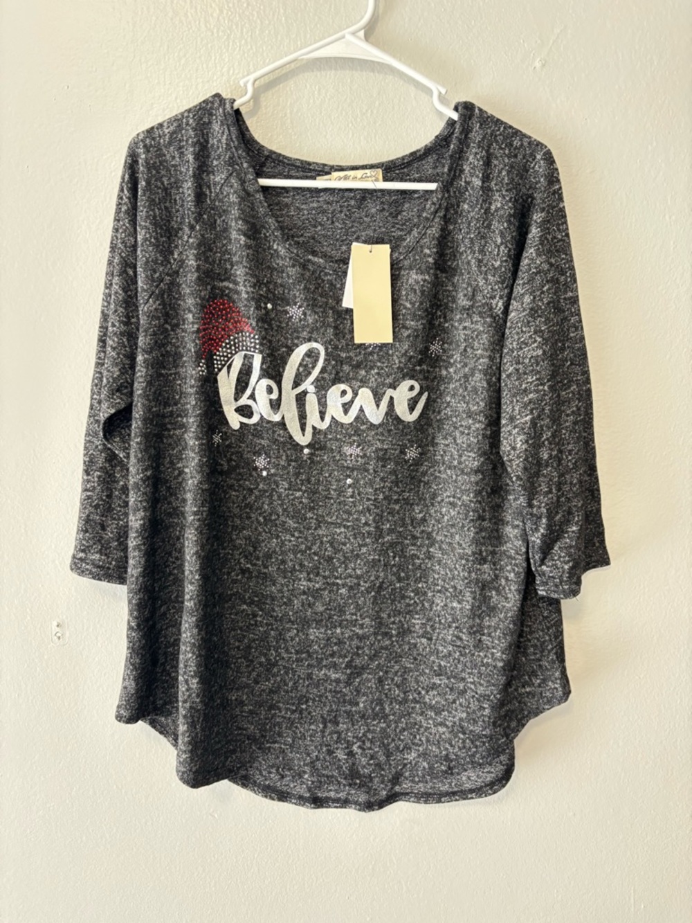 Believe Graphic Cozy Knit Top - Dark Gray with Red Accent